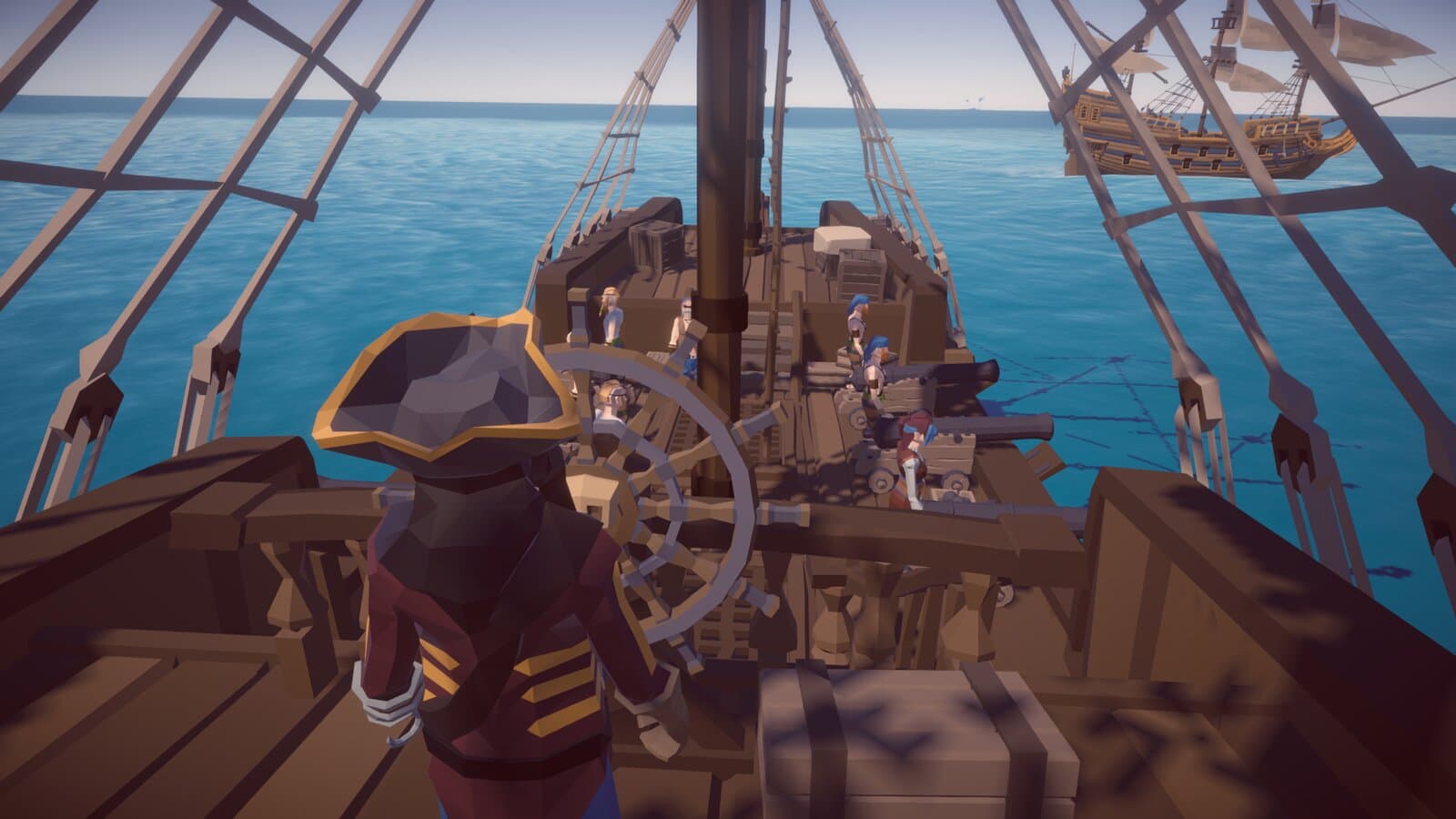 At the helm of a sailing ship